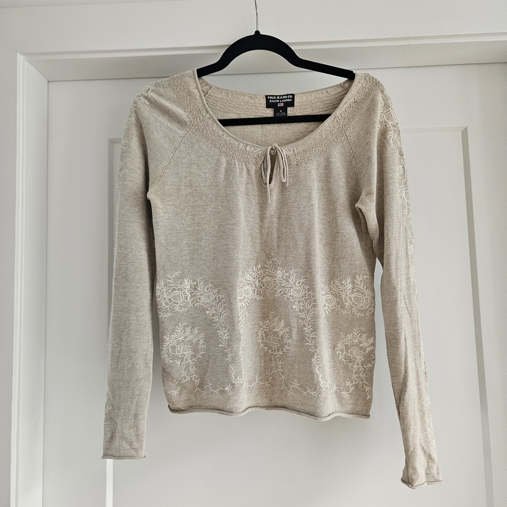 Polo Ralph Lauren Beige Embroidered Long Sleeve Sweater Linen Cotton